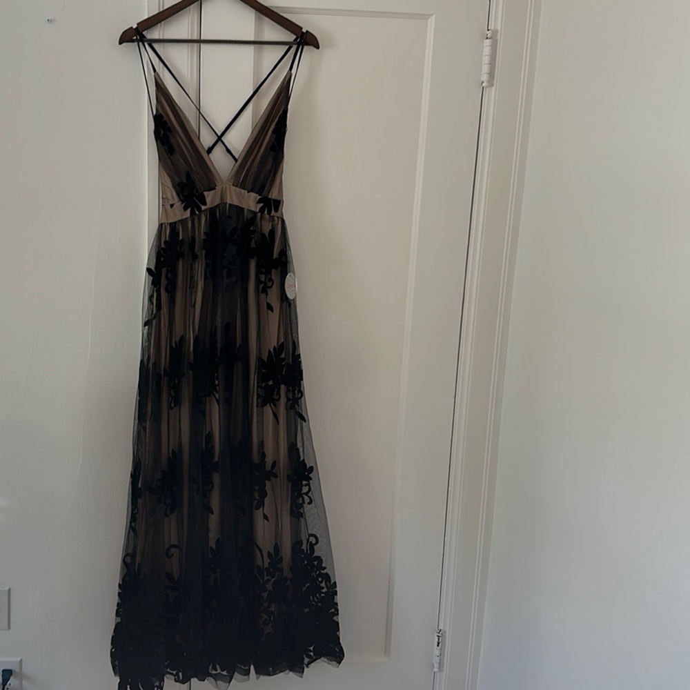 Luxxel Black Floral Appliqué Maxi Dress with Nude Lining
